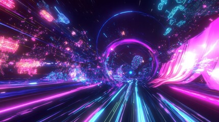 Poster - dynamic light trails virtual space digital art futuristic abstract vivid colors immersive experience