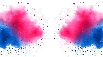 Poster - Abstract image featuring vibrant pink and blue color splashes against a white background. The colors are dynamic and energetic, creating a sense of movement and excitement. Small particles are