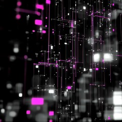Leinwandbilder - Abstract digital art featuring pink and white glowing lines and squares against a black background. The image evokes a sense of movement and energy
