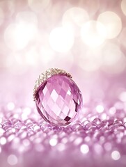 Poster - Close up of a faceted purple gemstone, resembling an egg, adorned with a delicate silver crown. It rests on a bed of smaller, sparkling purple beads against a bokeh background of soft pink and white