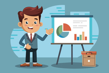 Poster - The young professional enthusiastically shares insights from a colorful chart, illustrating data in a business meeting within a bright office space.