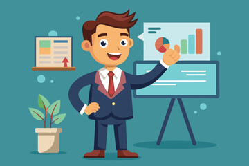 Poster - A confident professional presents data on business growth with charts and graphs displayed on a board, surrounded by a stylish office setup.