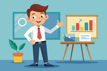 Poster - The young man in formal attire showcases a presentation on business growth, emphasizing positive trends and engagement in a vibrant office environment.