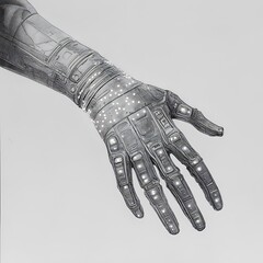 Poster - Close up view of a hand rendered in a pointillist style, composed of tiny dots creating a grayscale image with subtle highlights suggesting light. The hand is outstretched, palm upward, against a
