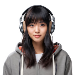 Fototapete - Young Asian woman with long dark hair listening music with headphones isolated on transparent background