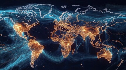 Poster - Global connectivity through digital networks world map infographic visualization tech environment aerial perspective data flow concept
