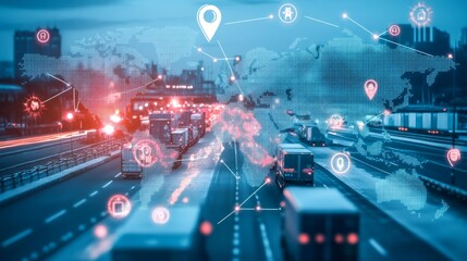 Poster - traffic management technology urban environment digital illustration night scene aerial view connect