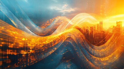 Poster - dynamic urban landscape with data waves city skyline digital art futuristic environment aerial view 