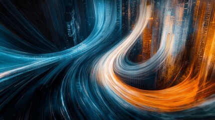Poster - Dynamic light trails capture technology evolution in urban landscape digital art futuristic environment aerial view