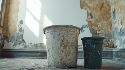 Aufkleber - Indoor, a white wall being painted, The decoration style is old timeworn Chinese architecture a dark green paint bucket on the ground.