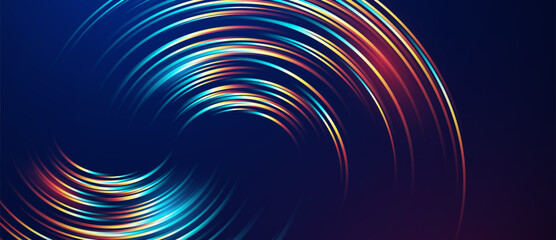 Poster - Swirling colorful light trails on dark blue abstract background