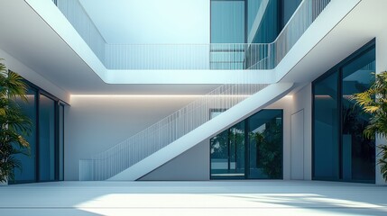 Aufkleber - A modern minimalist white luxury apartment building, showcasing sleek and contemporary architecture with clean lines and large glass windows.