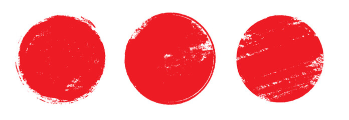 Aufkleber - Japan circle red sun brush stamp watercolor paint shape sets. Hand drawn rough red Japanese flag circle shape ink brush stroke texture. Grunge asian rough badge element pack. Vector illustration