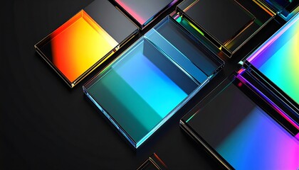 Poster - 3d glass transparent block plates on dark blue background. Crystal geometric square shapes with flare and prism light refraction.backgrounds, futuristic, no people, color image, abstract, art, modern,