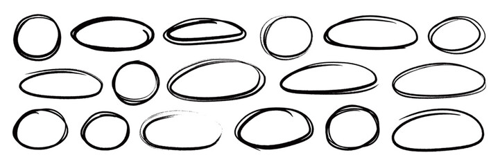 Aufkleber - Line brush pen highlight round oval frame set. Hand drawn marker, pen scribble stroke line oval frame. Brush round frame for text highlight ellipse. Grunge scratch style set. Vector illustration