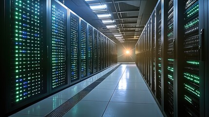 Leinwandbilder - A modern data center with rows of sleek server racks, illuminated by cool blue and green LED lights. The servers are well-organized, blinking indicator lights showing active cloud computing processes.