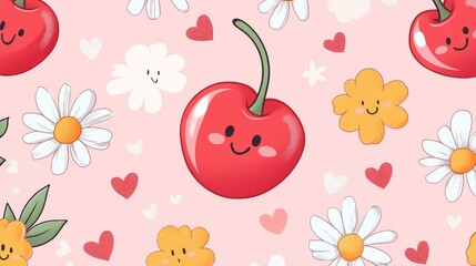 Wall Mural - cute cherries and daisies seamless pattern on pink background
