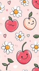 Wall Mural - cute cherries and daisies seamless pattern on pink background