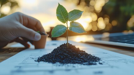 Poster - Close-up of hands planting a sapling in biodegradable pot at a sunlit eco-office, reusable coffee cups and solar panel blueprints on desk, warm natural lighting.