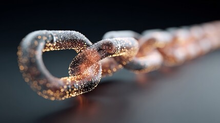 Poster - Abstract glowing chain links with golden particles in a dark environment