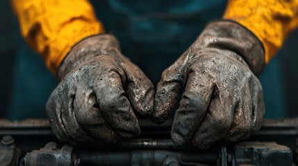 Poster - Close-Up of Dirty Hands in Gloves Working on Mechanical Engine Components