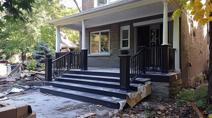 Fototapete - A front porch remodel, with new railings being installed and fresh paint applied 