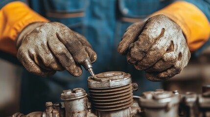 Poster - Close-Up of Hands in Work Gloves Repairing Engine Components with Precision and Focus in a Garage Environment