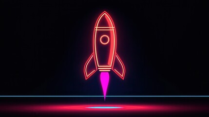 Poster - Neon Rocket Launch Illustration in Dark Background with Vibrant Colorful Lights and Futuristic Style