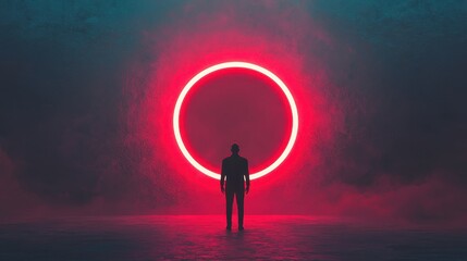 Poster - Mysterious Silhouette and Glowing Circle in Moody Atmosphere with Dark Background and Neon Light Effects