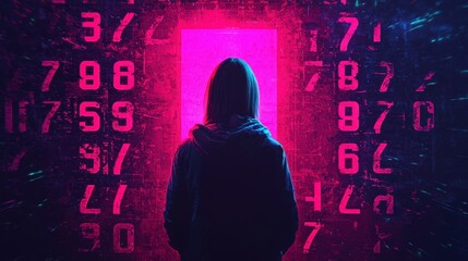 Poster - Mysterious Figure Stands Before a Neon Portal Surrounded by Digital Numbers and Futuristic Background