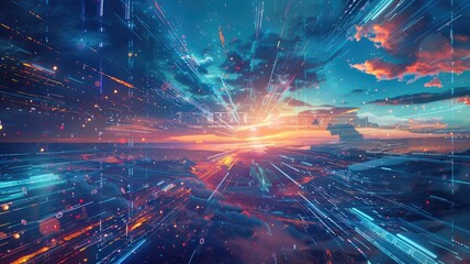 Poster - This image captures an artistic vision of digital transformation, showcasing vibrant colors and dynamic light effects against a stunning landscape at sunrise.