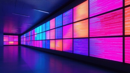 Poster - Vibrant Data Visualization Wall with Colorful Lights in a Modern Digital Space