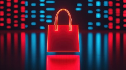 Poster - Neon Shopping Bag with Futuristic Background Displaying Vibrant Colors in Digital Shopping Concept