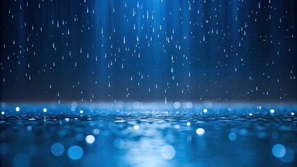 Poster - PM2.5 particles. A tranquil blue scene featuring falling rain and shimmering water reflections.