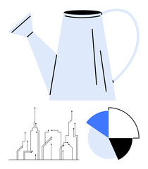 Poster - watering can alongside abstract urban skyline and pie chart visualizing progress and sustainability.