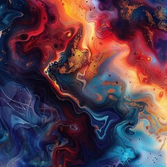 Poster - vibrant fluid abstract patterns with swirling shapes in fiery orange, deep red, golden yellow, and cool blue tones creating dynamic movement and rich texture