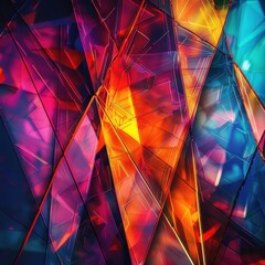 Poster - vibrant abstract composition of intersecting translucent geometric shards in warm orange and red tones blending into cool blue and purple hues, creating a dynamic and energetic visual effect