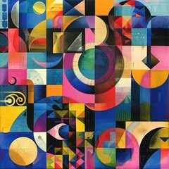 Poster - colorful abstract geometric composition with circles, triangles, squares, and curved shapes creating a dynamic and vibrant visual pattern