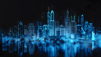 A city skyline made of blue digital lines represent