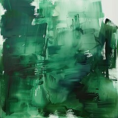 Poster - abstract painting with layered green brushstrokes creating depth and texture with varying shades and visible streaks on a white background