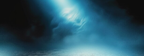 Poster - mysterious glowing light shining through dark blue underwater scene with soft flowing shapes and tex