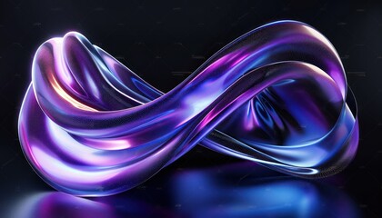 Poster - smooth shiny abstract twisted loop sculpture with iridescent purple and blue hues on dark reflective surface, futuristic and fluid with dynamic curves