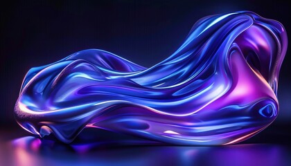 Poster - Smooth flowing metallic fabric with reflective blue and purple hues draped gracefully against a dark background evoking a sense of fluidity and elegance