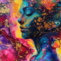 Poster - Colorful abstract painting featuring swirling patterns in vibrant shades of purple, pink, blue, yellow, and orange with gold accents creating a dynamic and energetic composition