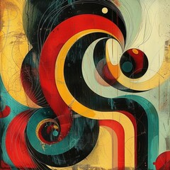 Poster - Abstract flowing shapes intertwining in vibrant red, yellow, turquoise, and black tones, creating a dynamic, energetic, and futuristic composition with smooth curves and circular elements