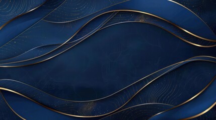 Fototapete - luxurious dark blue abstract background with gold wavy lines and delicate golden dots creating elegant fluid shapes