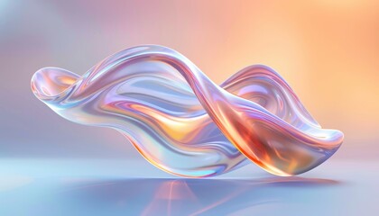 Fototapete - Smooth iridescent abstract fluid shape floating against a soft gradient background with warm and cool pastel tones evoking calm and serene emotions