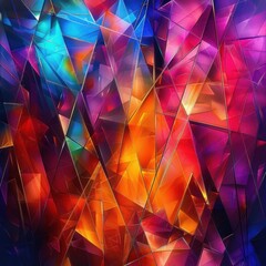 Aufkleber - vibrant abstract geometric composition with overlapping translucent triangles and polygons in bright blue, red, orange, pink, and purple hues creating dynamic depth and energy