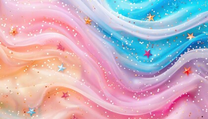 Fototapete - Soft flowing pastel fabric in shades of pink, blue, purple, and peach with scattered small star-shaped confetti and gold and white glitter creating a dreamy and whimsical atmosphere