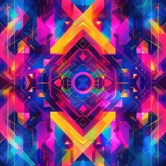 Poster - vibrant symmetrical geometric pattern with glowing neon shapes in pink, purple, blue, and yellow hues creating a futuristic, dynamic and energetic atmosphere
